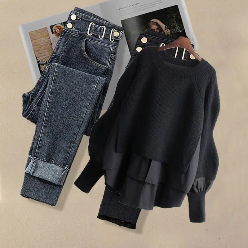 2025 Spring Autumn Vintage Jeans Matching Set Womens Korean Elegant Two Piece Knit SweaterHigh Waist Denim Pants Suit 250319