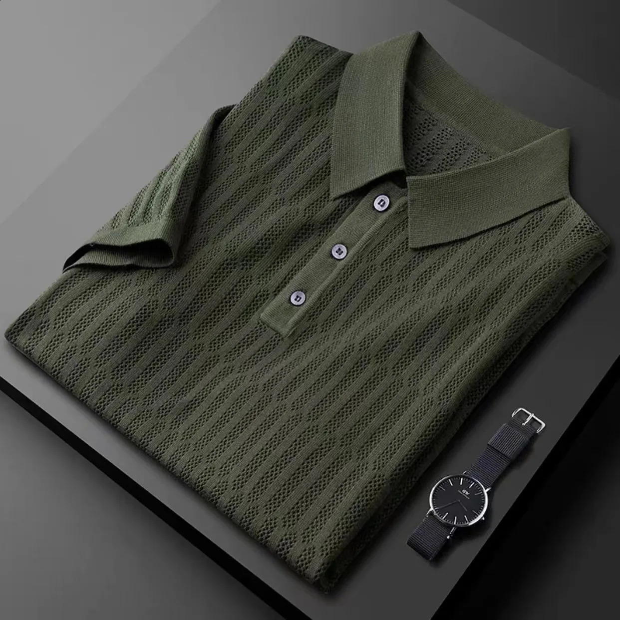 Light summer thin ice silk hollow-out knitted T-shirt mens short sleeve summer fashion jacquard lapel casual POLO shirt 250317