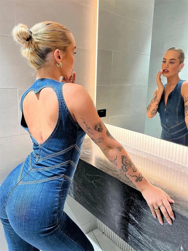 TARUXY Backless Heart Cutout Bodycon Jumpsuit For Women Casual Sleeveless Slim One-Piece Outfits Retro Denim Jumpsuits 2025 250319