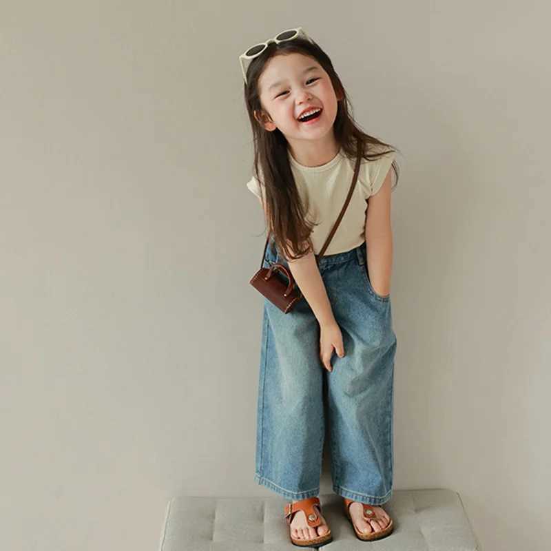 Summer and autumn childrens girls pants high-quality denim fabric girls loose straight jeans 3-8T casual pants wide leg pantsT250318