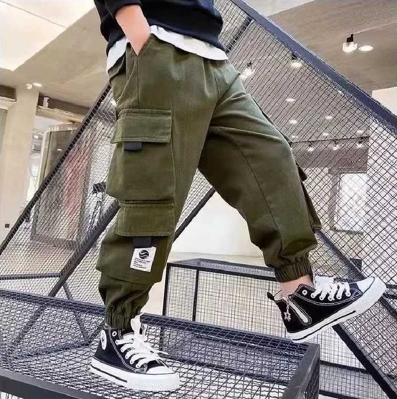 Childrens casual sports pants boys cargo pants teenagers hip-hop jogging pants Trousers Big Children High Waist retro street bag pantsT250318