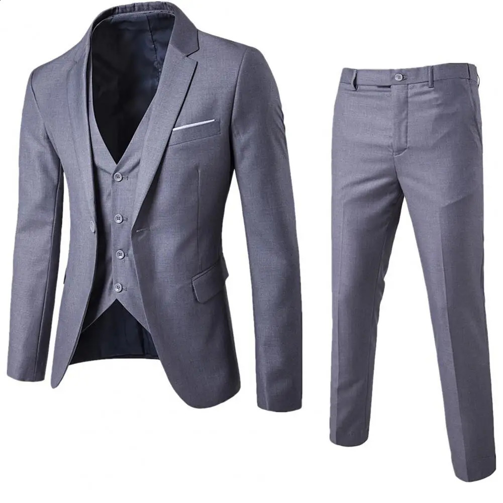 Korean Style Men Blazer Vest Pants Set Casual Business Buttons Cuff Trousers Suit Wedding Groom Formal 250311