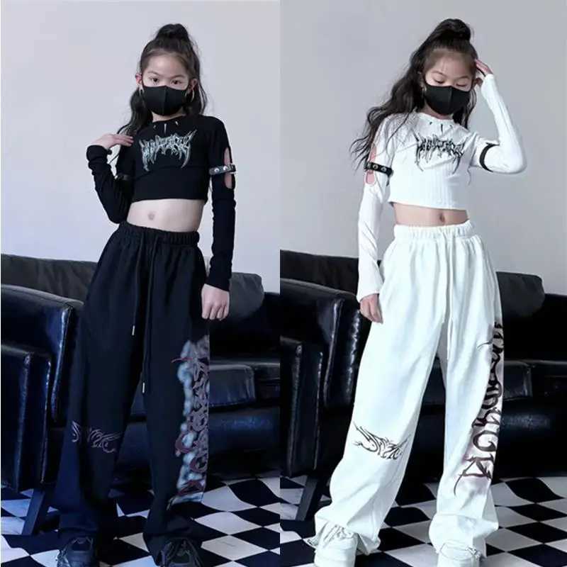 Hip hop 2025 summer spring youth track and field clothing for girls 1 crop top letter T-shirt or 1 long leg wide pants for children aged 8 10 and 12T2