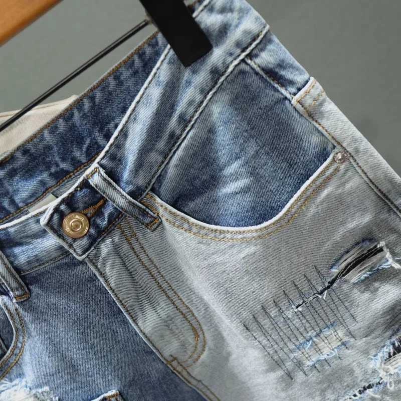 Mens denim shorts patchwork mens shorts open collar straight Harajuku original hip-hop denim bag Korean summer fashion W250319
