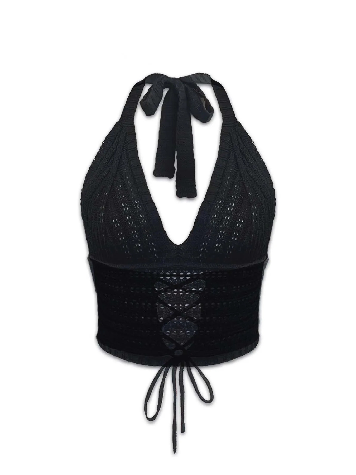 Beach vacation short tie with woven hollowed-out halter strap knit camisole 250314