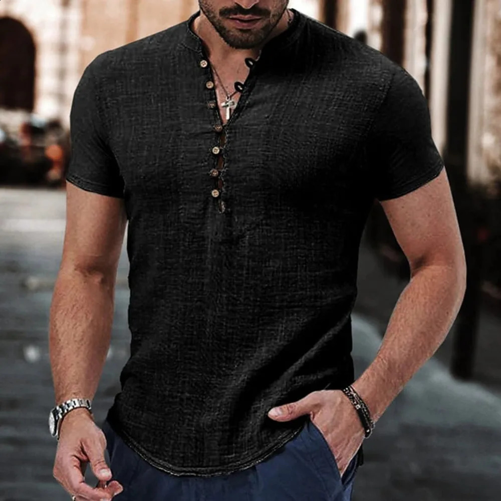 Mens Short Sleeve Tshirt V neck button Cotton Linen Shirt Mens Casual Clothes Tops for Men 250317