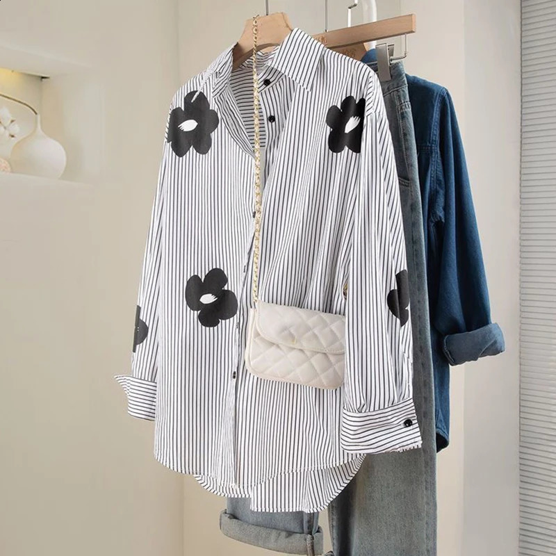 Collar striped long sleeved loose shirt and top casual single chest white streetwear womens 250319