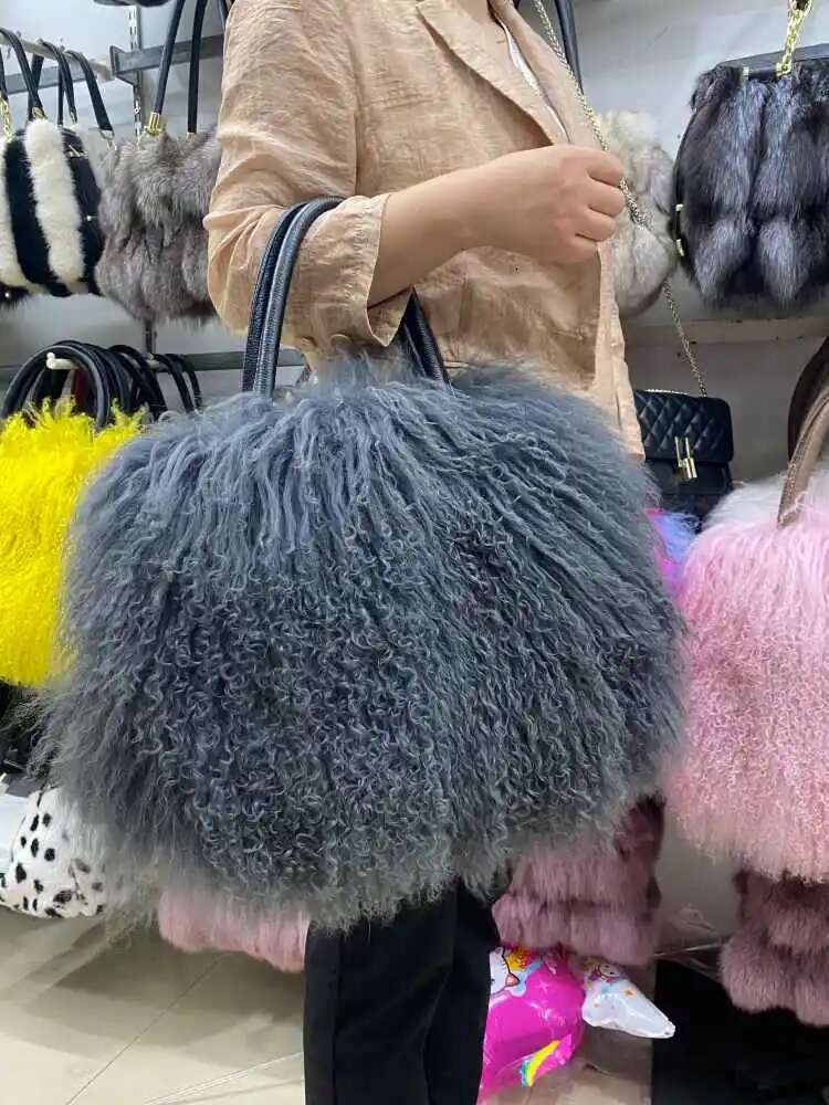 Mwfur Handbag Fashion Long Hair Tote Bag Mongolian Lamb Fur Bags For Women