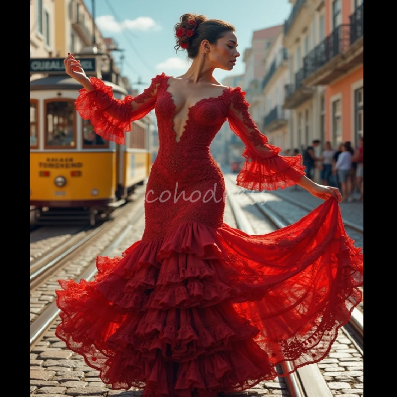 Amazing Red Flamenco Prom Dress Tiered Lace Mermaid Victorian Evening Dress Long Sleeve Enchantress Formal Party Gown Spanish Plus Size Dance Birthday