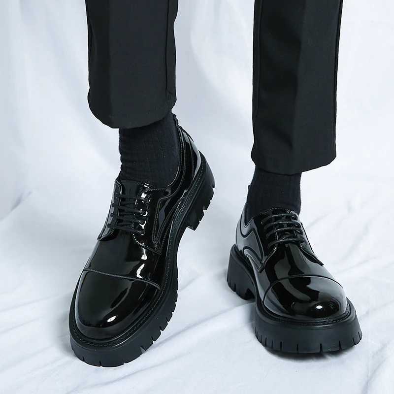 Mens black formal shoe tie shoelaces artificial patent thick soled leather business shoesXJ250319