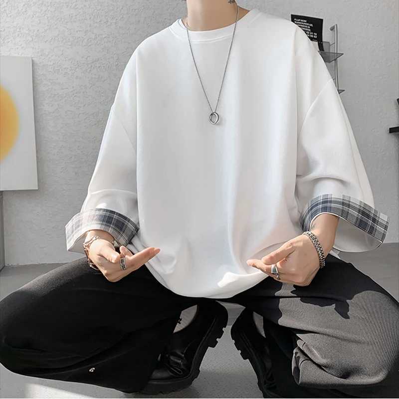 Mens summer mens T-shirt womens oversized 2XL Korean loose plain T-shirt casual seven sleeve mens white T-shirtT250318