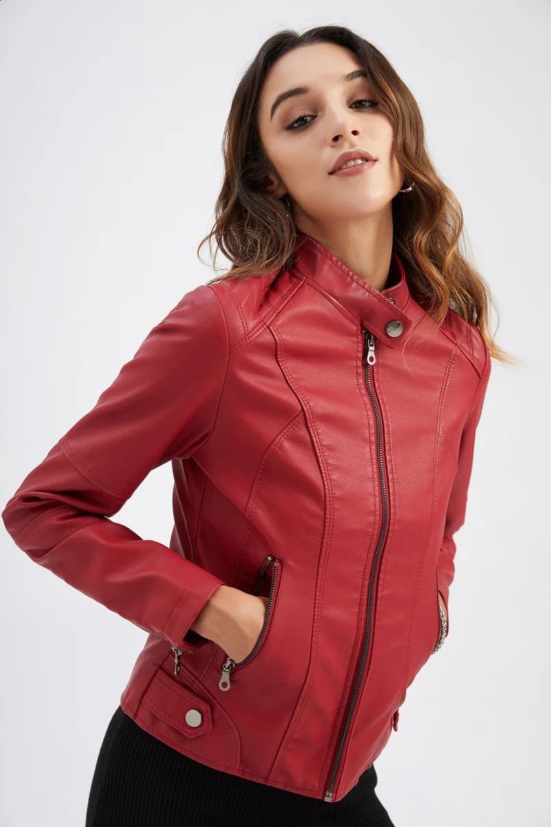 Womens Plus size 3XL synthetic leather motorcycle jacket zipper 250319