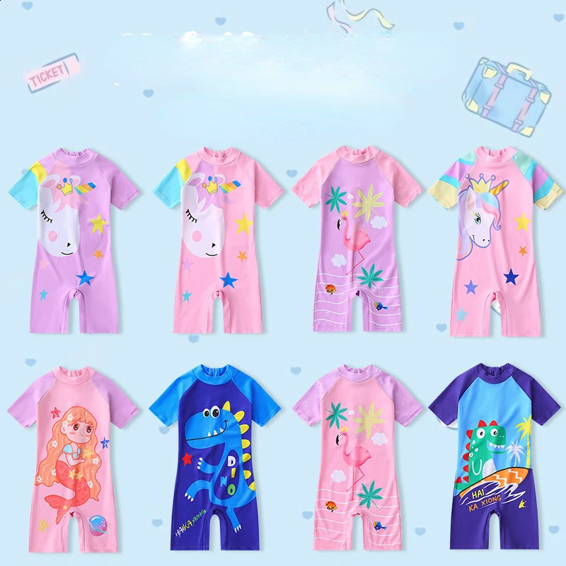 Childrens Short-Sleeved Cartoon Swimwear Beach Sunscreen Swimsuits Baby Boys and Girls One-Piece 250319
