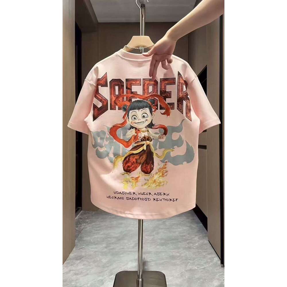 2025 Summer New Trendy Brand Nezha Printed Color Painting Rascal Handsome Casual Men's Short sleeved T-shirt Couple Top Primer
