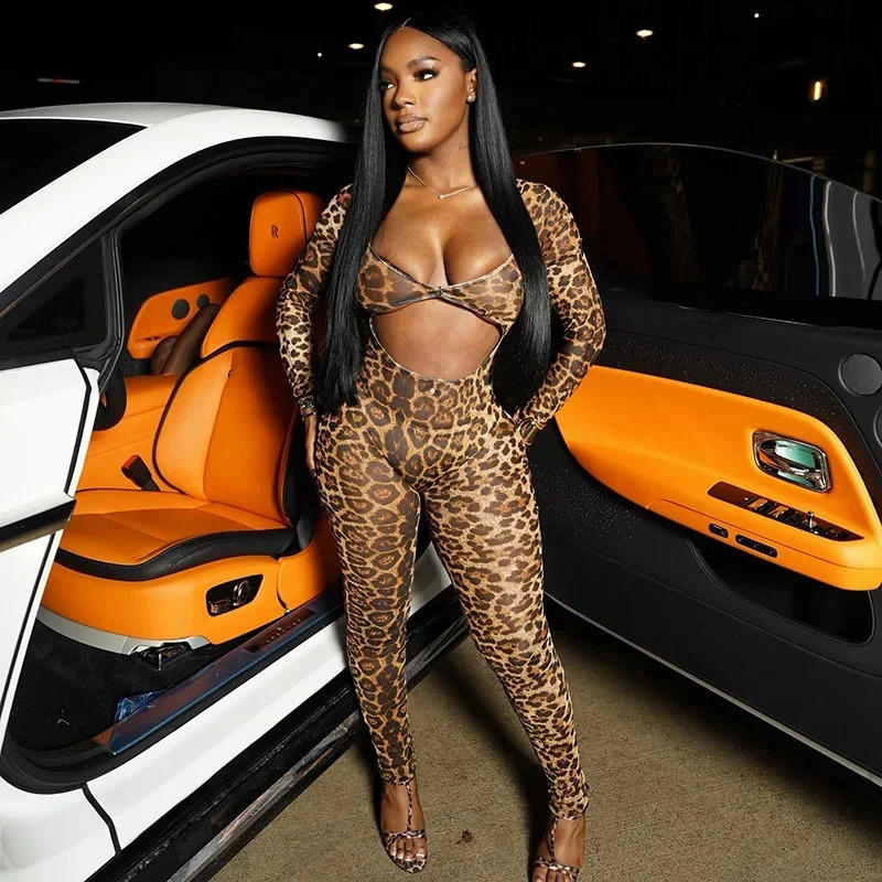 Leopard Print Hollow Jumpsuits Women Sexy V-Neck Full Sleeve Backless Skinny One Piece Overalls Nightclub Y2K Streetwear 250319