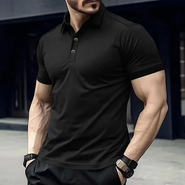 Cross border Summer Mens Polo with Polo Collar and Button Up Solid Color Large Casual Sports Polo Shirt 250319