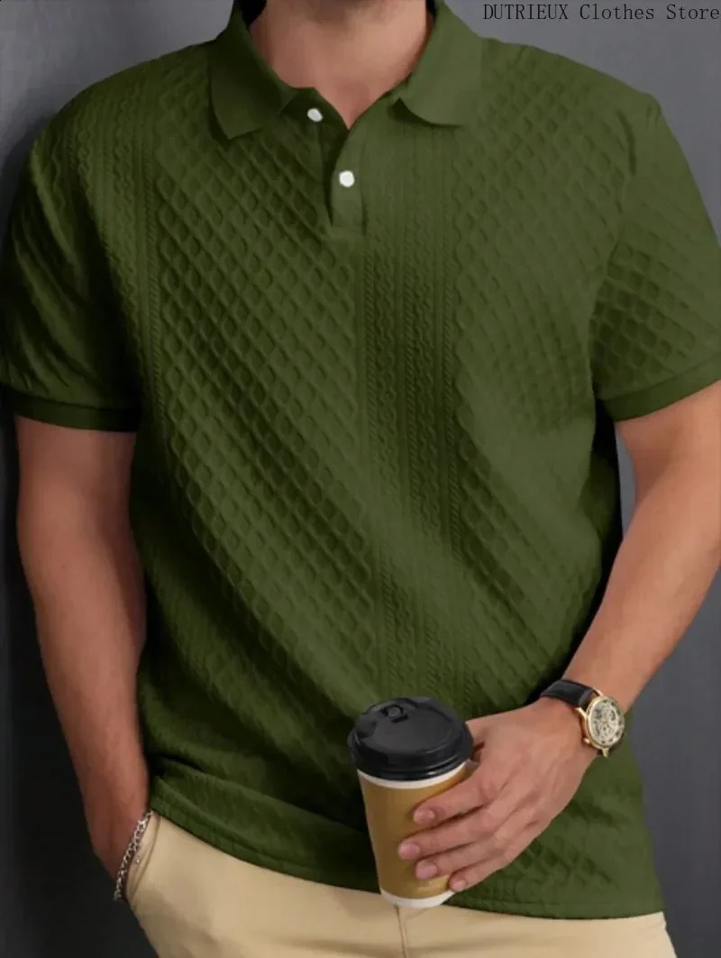 Mens jacquard lapel solid color polo shirt simple and fashionable business mens polo shirt casual office golf mens clothing 250317