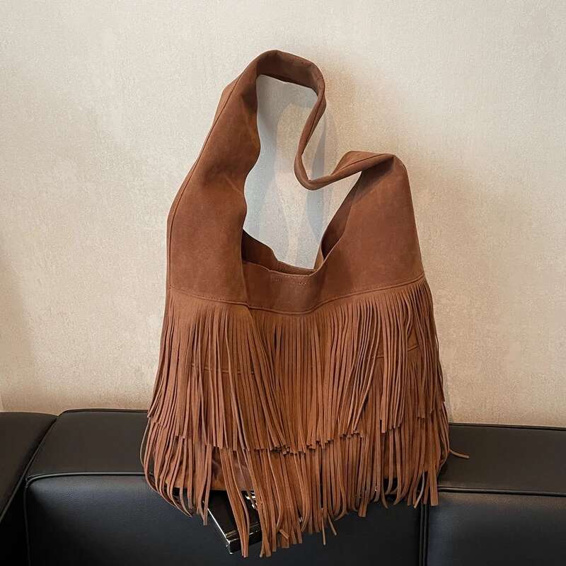 Women Frosted Slouchy Hobo Faux Suede Fringe Underarm Large Capacity Travel Tote Handbag Ladies Commute Bag