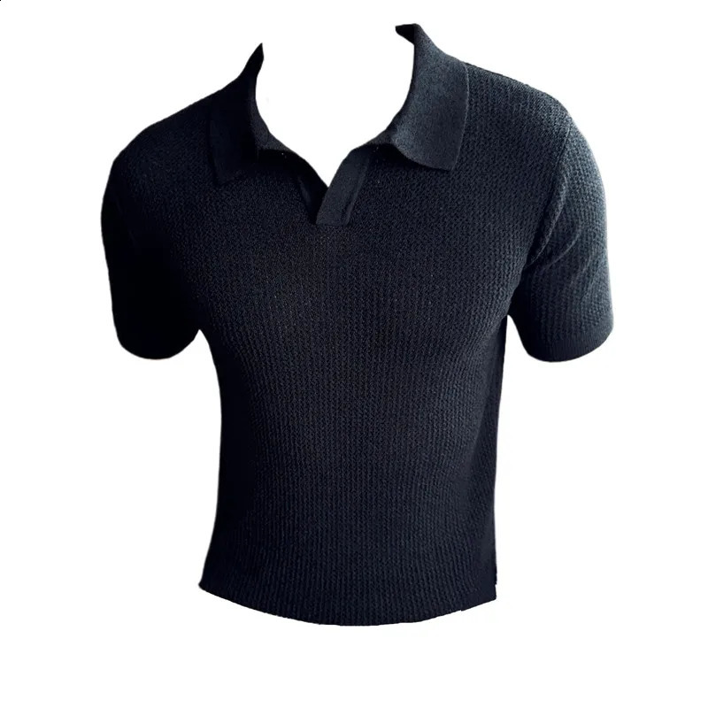 Summer hollow knitted short sleeved polo shirt mens elastic mesh casual T-shirt mens V-neck slim fit breathable polo shirt 250317
