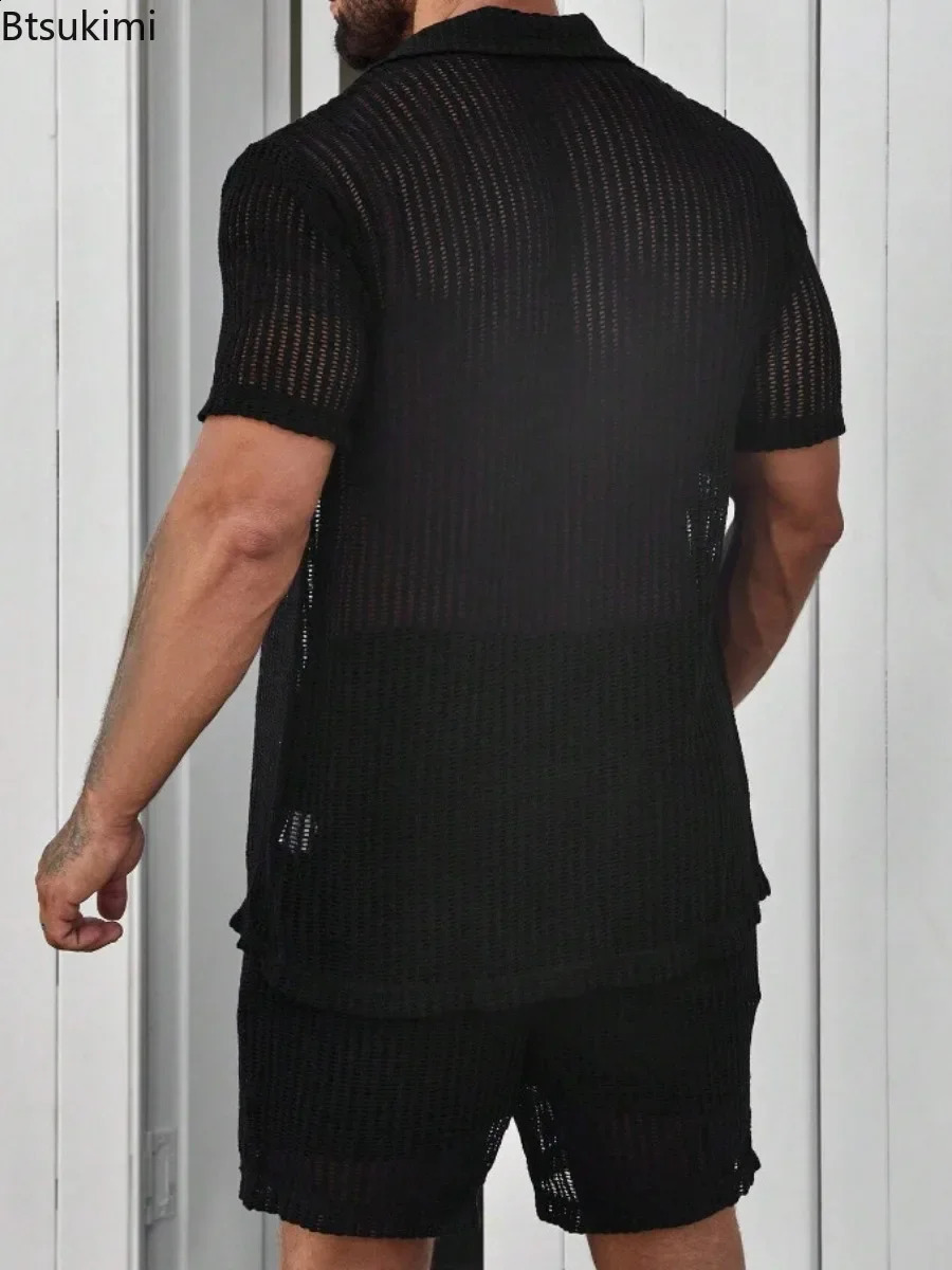 Summer Cool Breathable Mens Knitted Shirt Fashion Hollow Short Sleeve Button Collar Cardigan Top Mens Knitted Solid Polo Shirt 250317