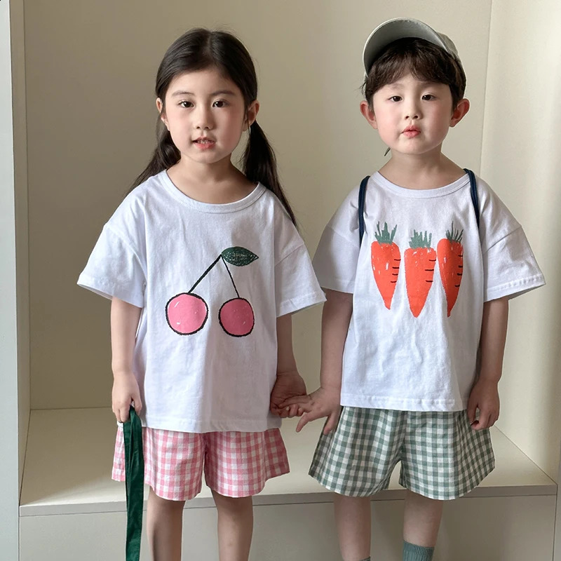 Summer Kids Cotton T-shirt Sets 1-10Y Fruit Patterns Tee and Plaid Shorts Suit for Boys and Girls Childrens Home Clothing 250319