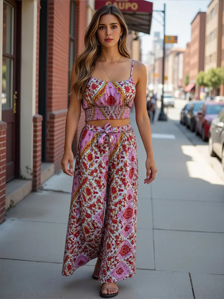 TRAFZA Summer Women Boho Two Piece Print Outfits Strap Sleeveless Tops High Waist Drawstring Trousers Holiday Beach Lady Sets 250319