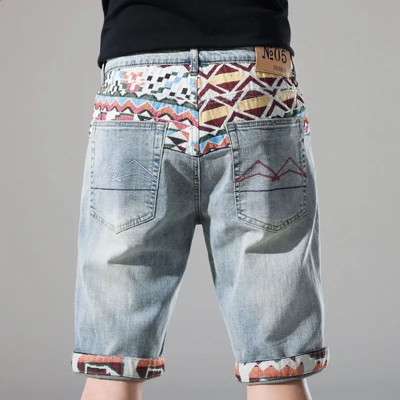 Decal casual hiphop ultrathin mens jeans 2024 summer trend Distressed embroidered shorts hole denim 250319
