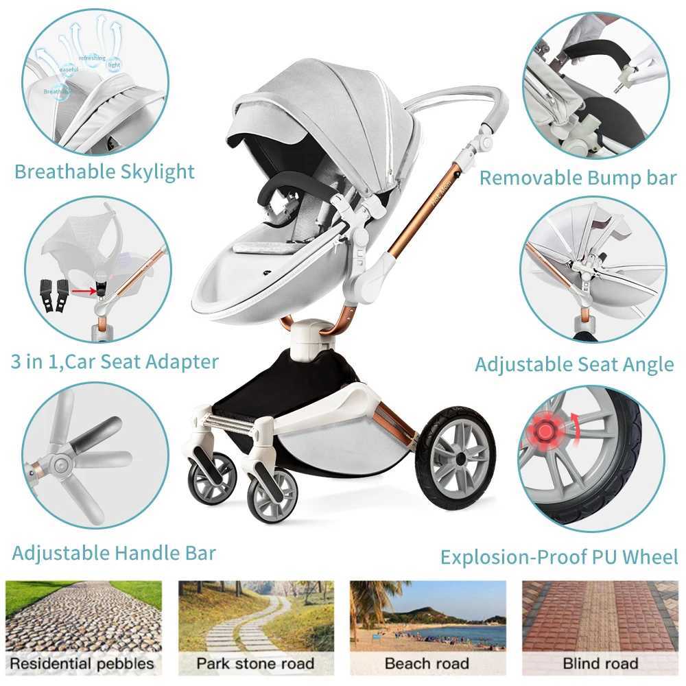 Hot Mom F023 Baby Stroller 2 in 1Rotates 360 DegreesPU Leather Mosquito Net Rain Cover Adapter Cup Holder large wheels Z250319