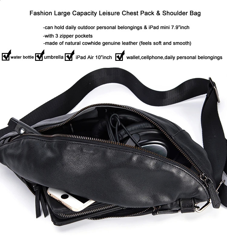 Fashion Genuine Leather Mens Chest Pack Shoulder Bag Messenger Sling Bag Small Leisure Bag Crossbody Black M129 250317