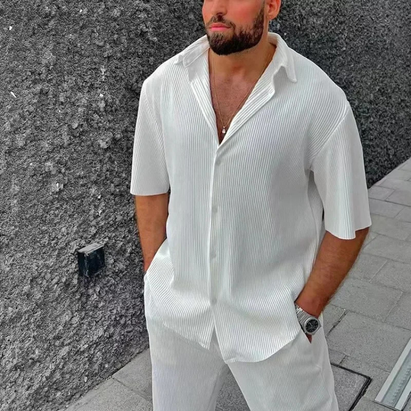 Mens casual loose beach suit solid color striped short sleeved mens shirt two-piece set 250314