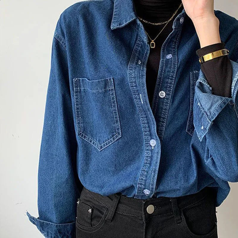 Lucy 2024 Autumn Blue Denim Jacket Womens Retro Loose Collar Shirt Fashion Button Office 250319