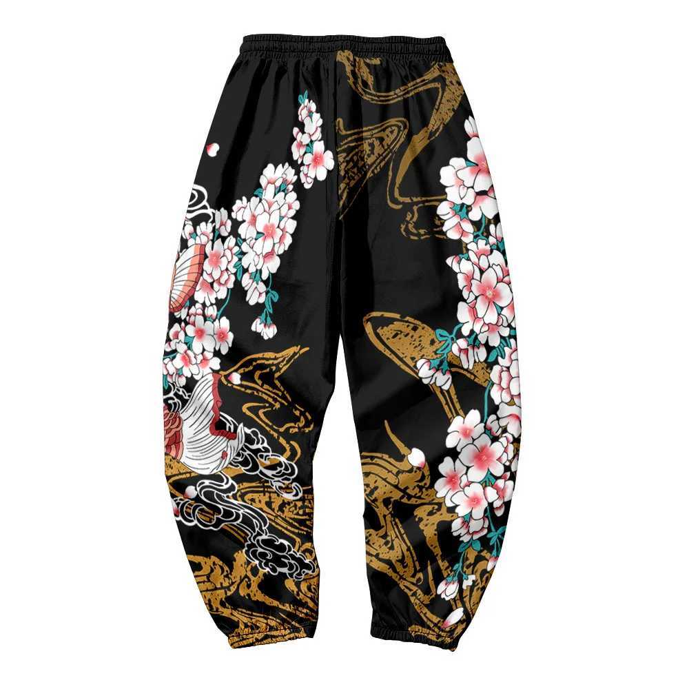 Japanese Style Fish Sakura Print Sweatpants Men Multi Pocket Long Cargo Pant Harajuku Jogger Trousers Streetwear Pants X250319