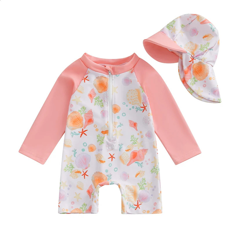 1-5T Toddler Girls Rash Guard Swimsuit with Hat 2 Pcs Set Shell Pattern Zip Up Long Sleeve Crew Neck Baby Girls Swimwears 250319