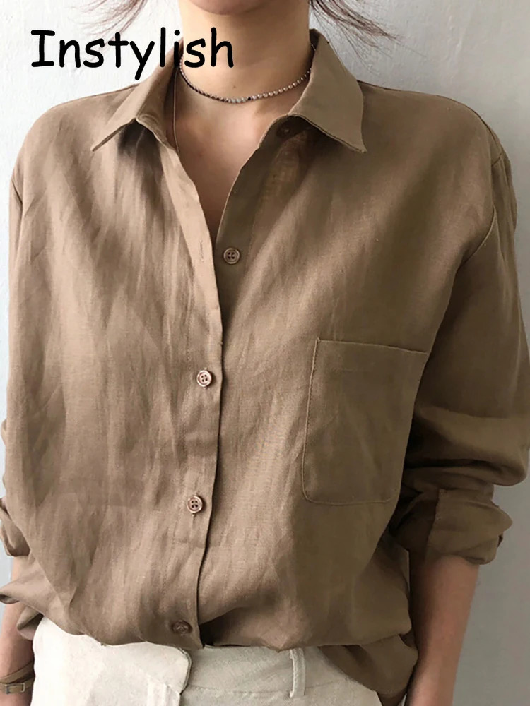 Casual long sleeved cotton linen loose shirt for womens spring and summer retro Harjauku streetwear oversized shirt elegant top 250318