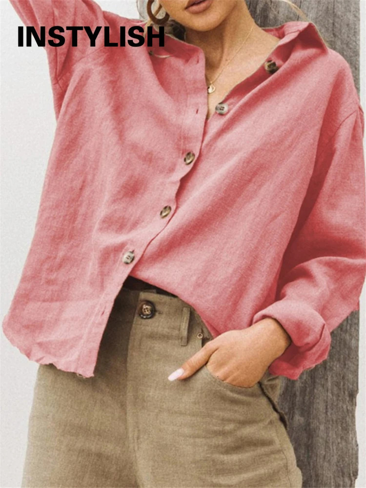 Casual Long Sleeve Cotton Linen Loose Womens Blouse Elegant Solid Vintage Harajuku Button Up Shirt Streetwear Oversized Tops 250318
