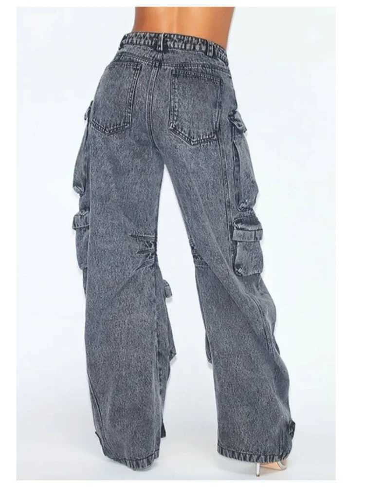 Solid color multi pocket loose jeans womens street retro hip-hop wide leg pants casual straight high waist jeans womenT250319