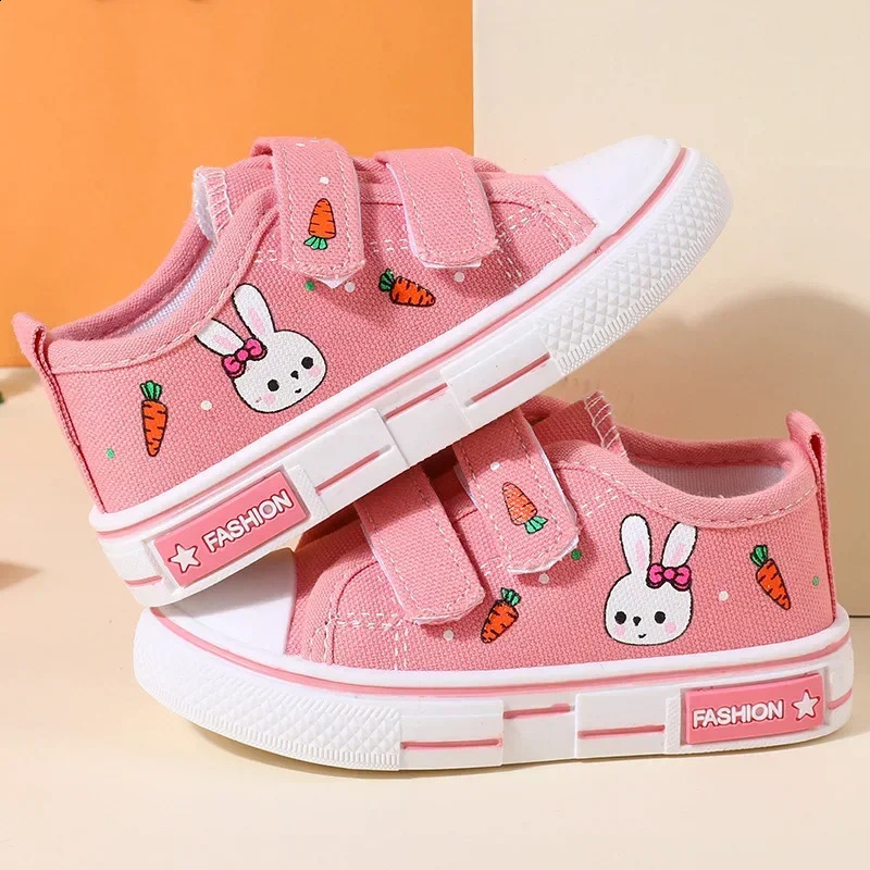Children Fashion Canvas Sneakers Kids Adorable Rabbit Cartoon Prints Board Shoes Hook and Loop Flat Sole Non Slip Shoes 250319