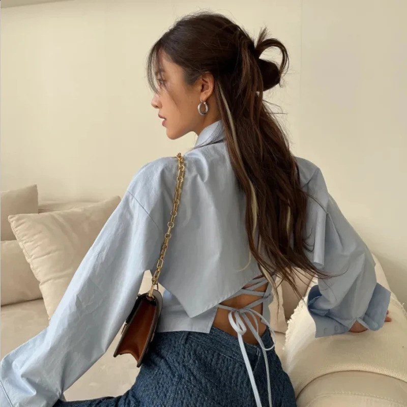 Gidyq Korean Bandage Shirt Women Fashion Backless Sexy Blouse Office Ladies Casual Slim Chic Turn Down Collar Long Sleeve Tops 250319