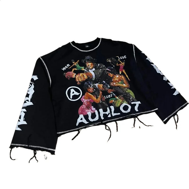 Hip hop letter pattern printed mens T-shirt Y2K retro loose Gothic mens and womens long sleeved top 250317