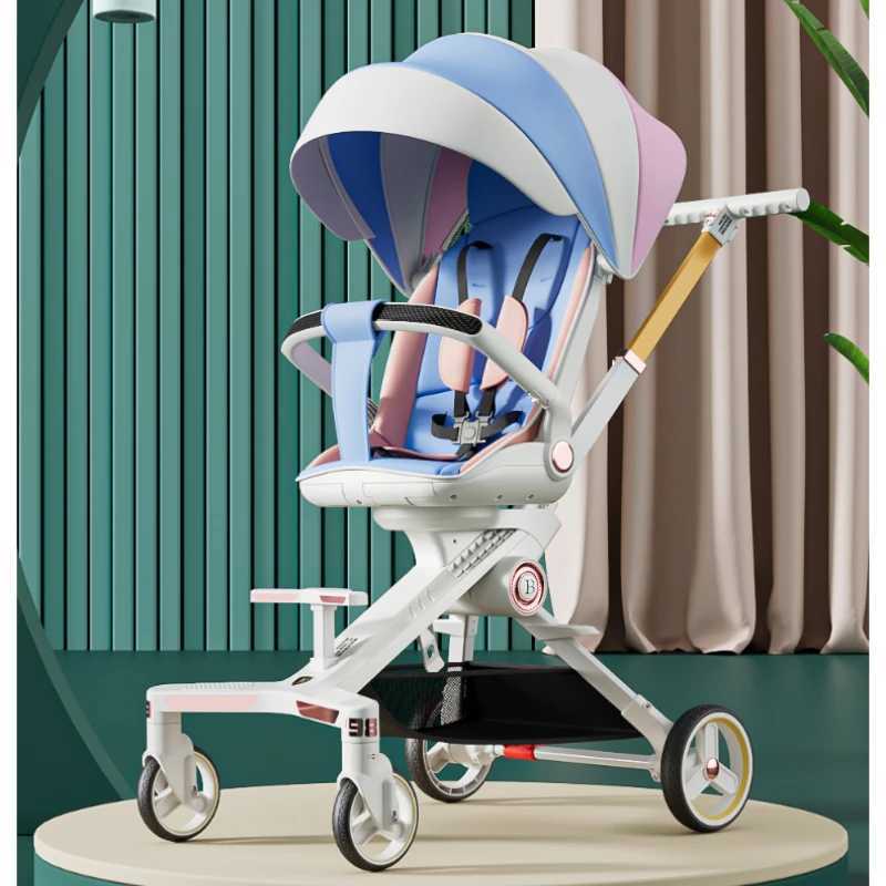 Baby stroller with 0 to 3 years of high visibility shock-absorbing four-wheel stroller that can be folded for sitting or lying down lightweight baby s