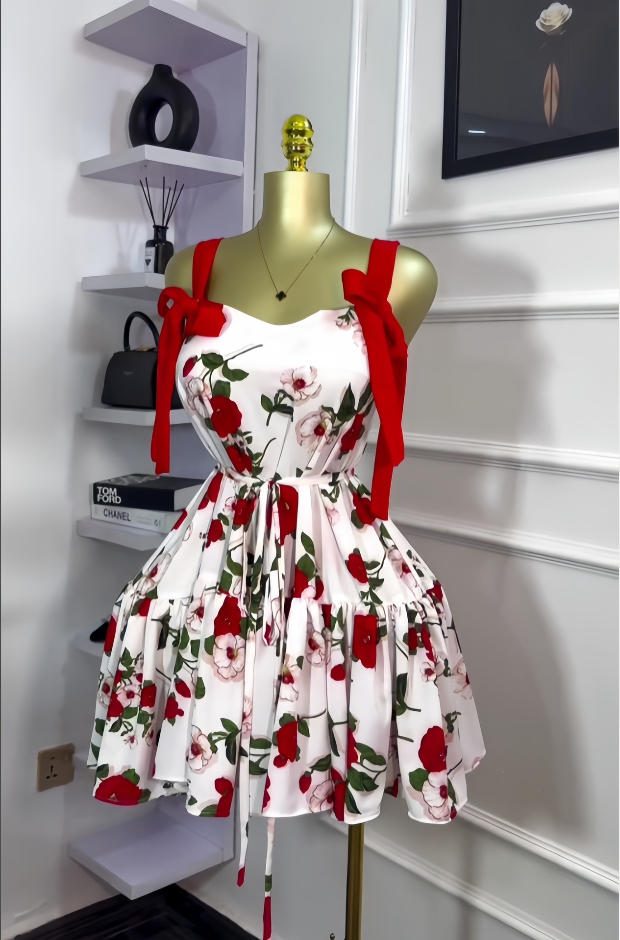 Women's 2025 Spring New Sleeveless Printed Shoulder Bow Strap Folded Short Dress