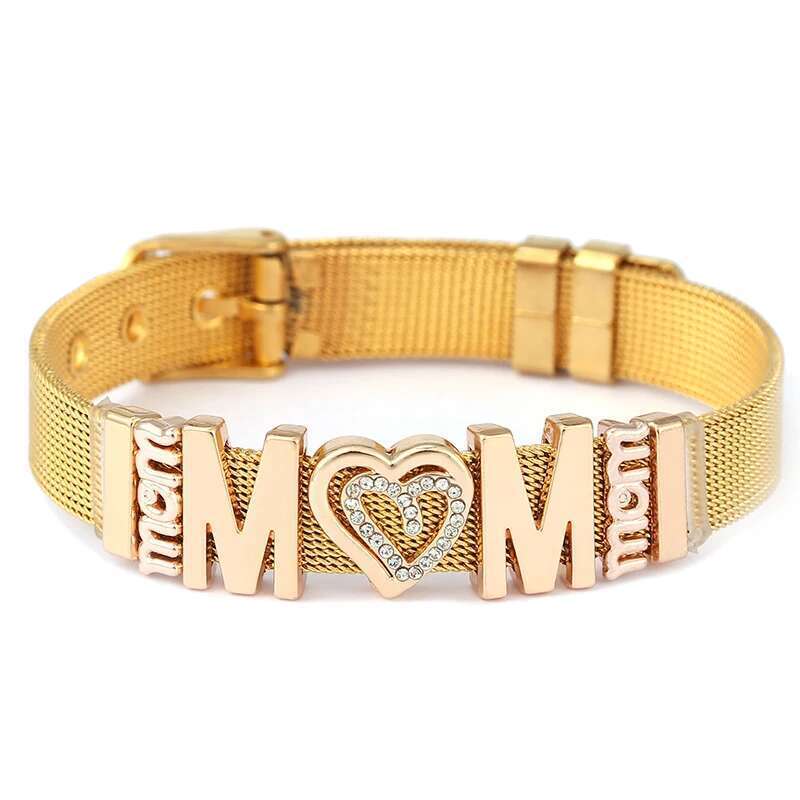 New Arrival I Love Mom Wine Glass Charm Slide Beads With Brand 10mm Stainless Steel Mesh Bracelets For Women Mother Jewelry Gift