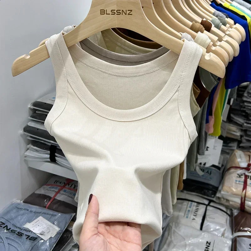 2025 solid color basic rib knitted vest womens summer retro sleeveless Camis girls street clothing soft Tshirt 250319