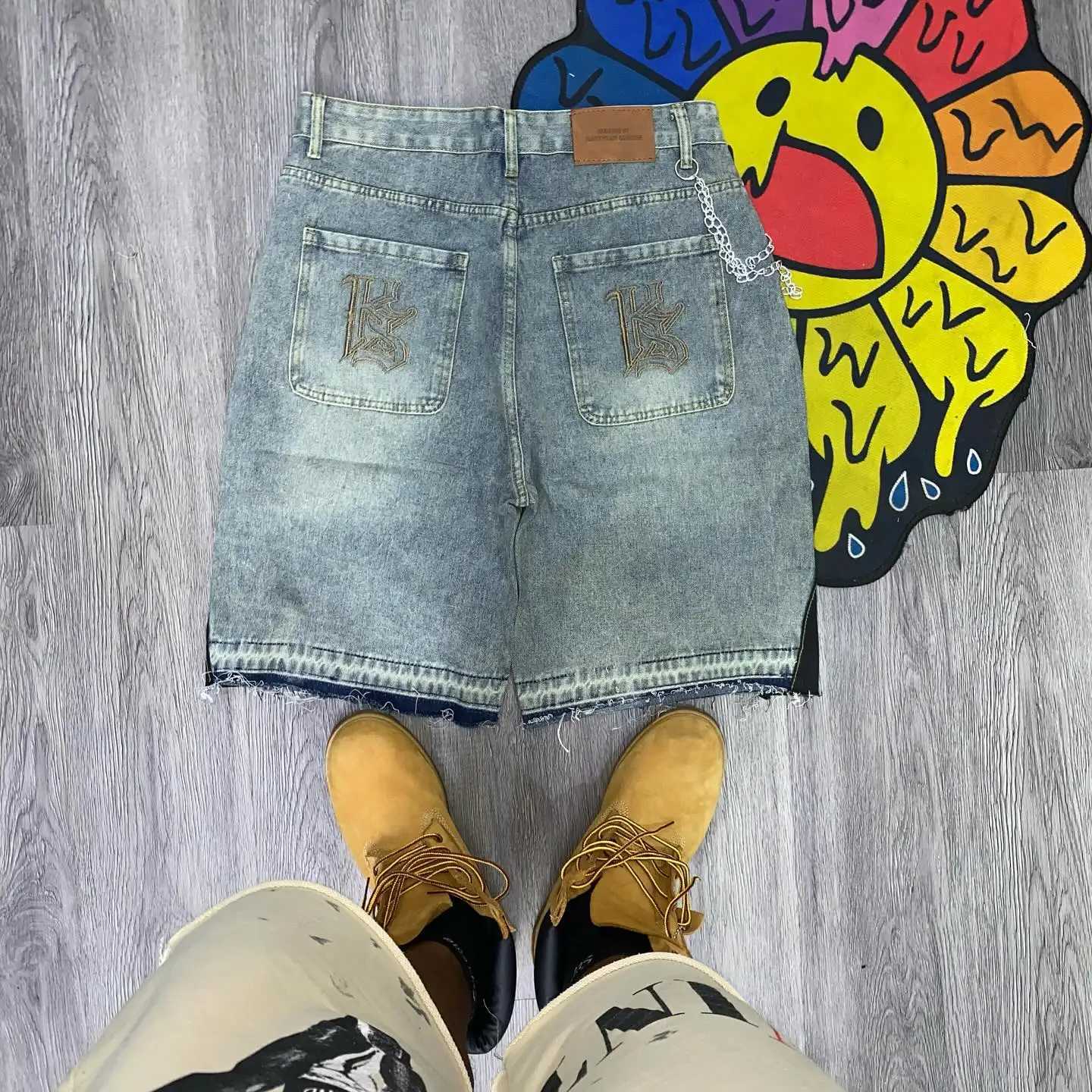 Men Women American Denim Shorts Y2K Jeans Gothic Cartoon Patchwork Embroidery Retro Blue Loose Fitness Casual Basketball Shorts W250319