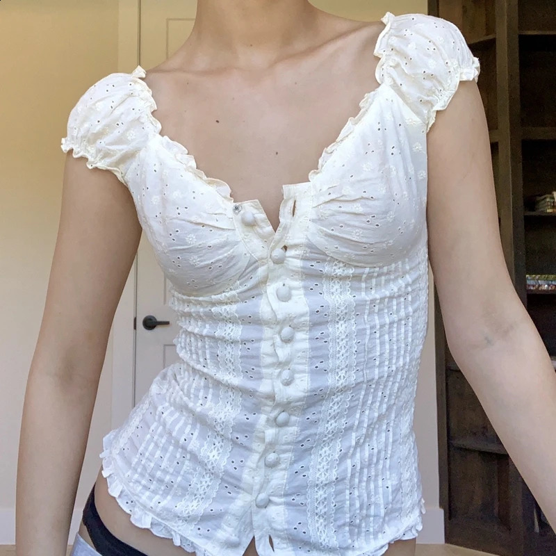 90s French Vintage Floral T-shirt Fairy Grunge Kawaii Button Frill V Neck Pullovers Tee Women Y2K Aesthetic White Crop Top Retro 250319