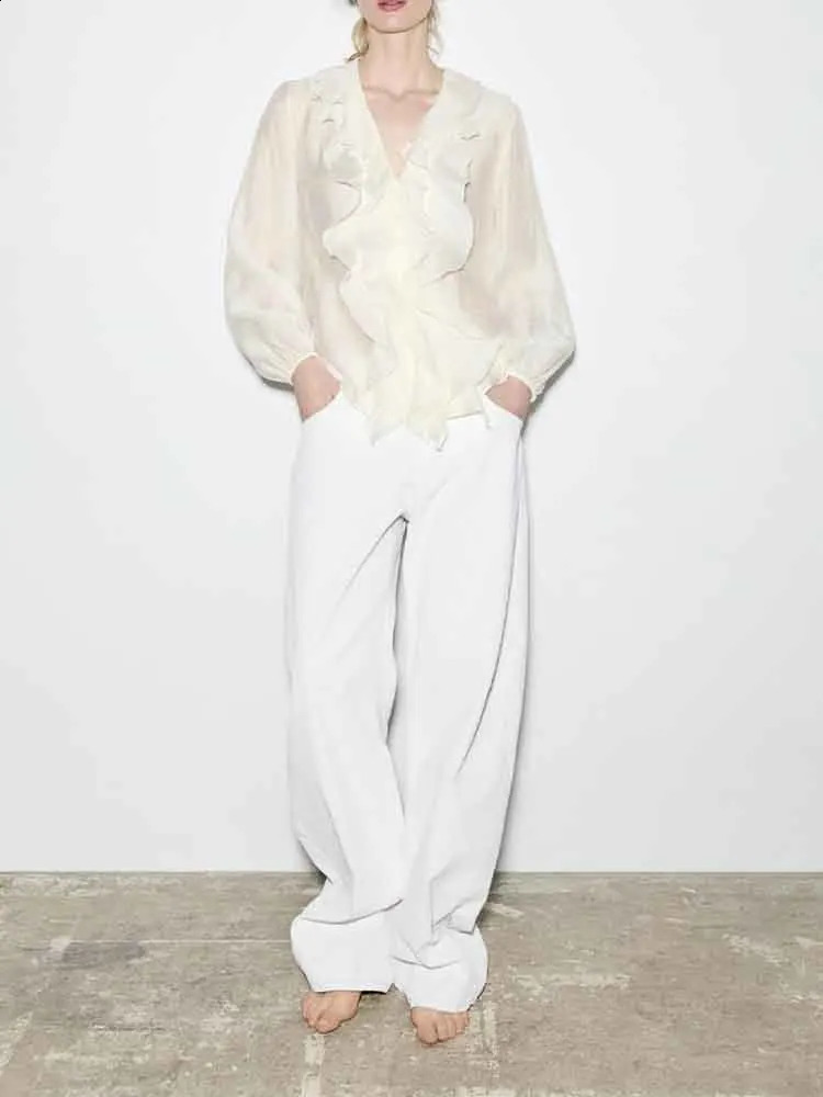 European style womens fashion versatile simple sweet loose Vneck layered decorative ruffle white shirt 250319