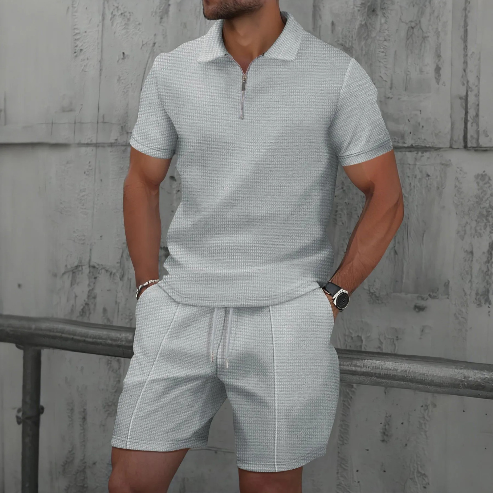 Mens European and American Summer Waffle Solid Color Zipper Collar Short Sleeve Set Two Sets 250318