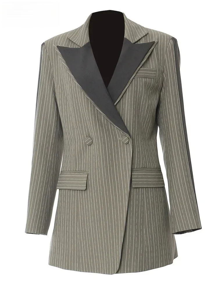 Green Striped Color-Block Elegant Blazer Women New Lapel Long Sleeve Jacket Fashion Tide Spring Autumn 2025 1Dh6394