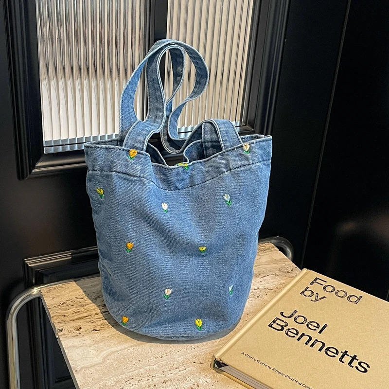 selling Versatile denim embroidered fashionable womens shoulder bag trend large capacity bucket bag handbag 250317