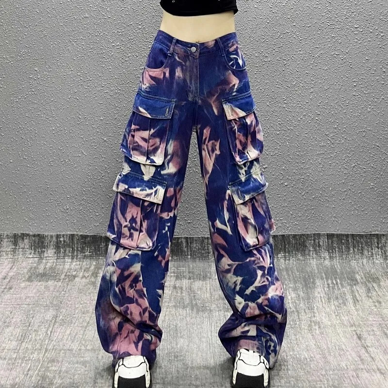 #2201 Tie Dye Printed Wide Leg Jeans Women Streetwear Long Cargo Side Pockets Loose Straight Denim Female Hip Hop 250317